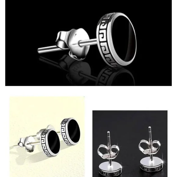 🆕 6mm Onyx Button Greek Style 18K White Gold Earring Studs  🆕 Hypoallergenic - Picture 3 of 8